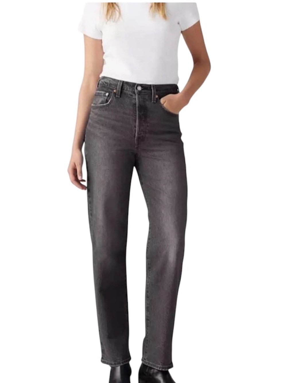 Levi’s Black Ribcage Straight Ankle Jeans High Rise Button Fly Cropped Size 24